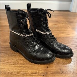 Black Croc-Embossed Lace-Up Boots with Rhinestone Detail